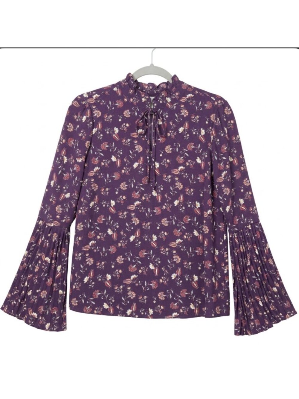 Floral Purple Blouse With Pleated Bell Sleeves & Ruffle Neckline Womens M
